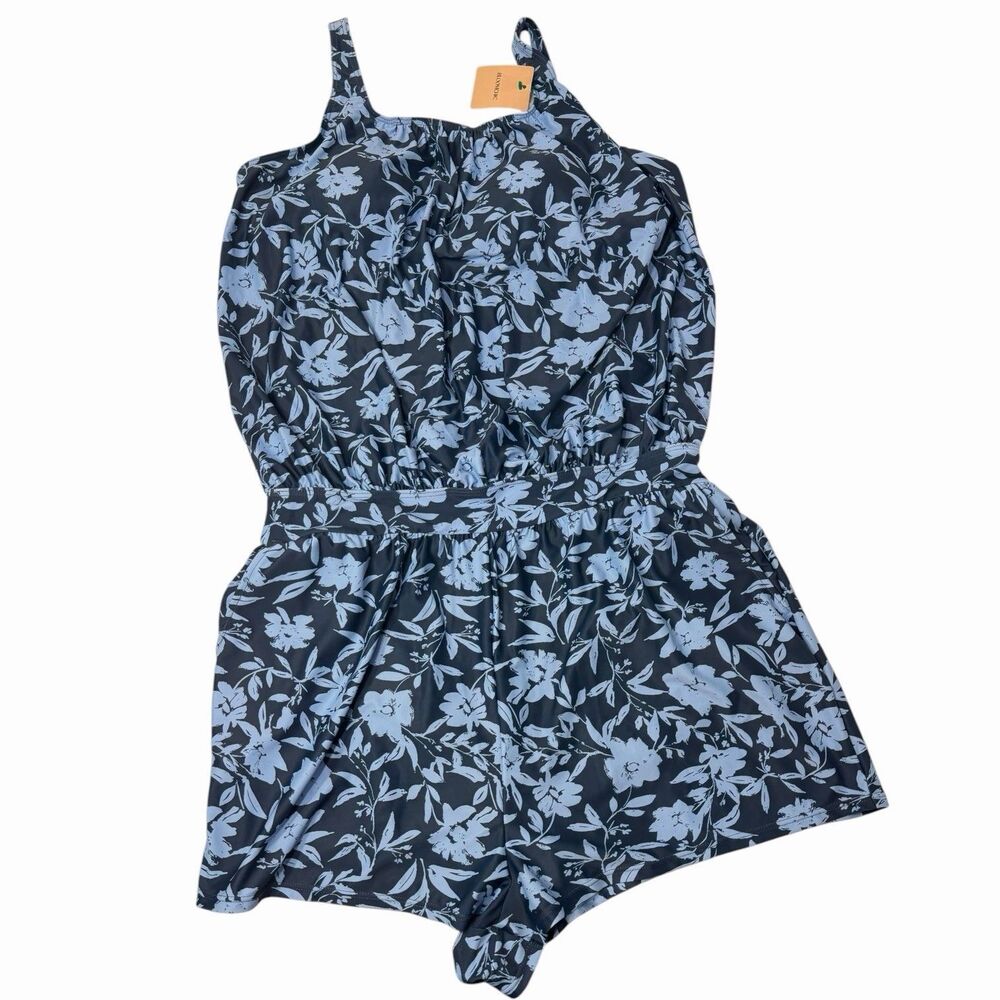 Plus Size Swim Romper 18 20 Blue Floral Pockets Lined Beach Vacation Swimsuit - Picture 14 of 16